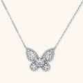Sterling silver butterfly pendant with radiating design and central moissanite stone on adjustable chain