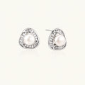 Triangular white gold plated stud earrings with central freshwater pearl and baguette-cut stones on white background