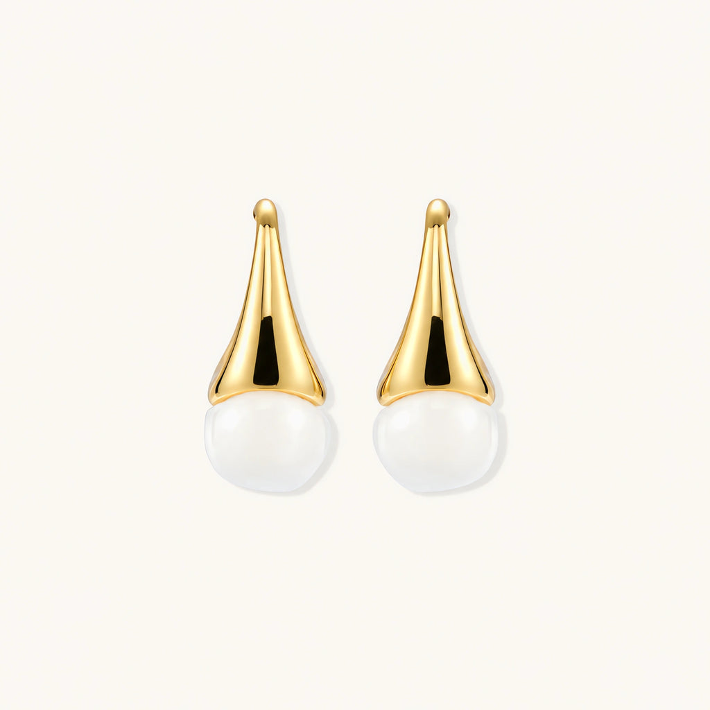 Pair of small gold-plated hoop earrings with triangular cone fronts and curved backs on white background.