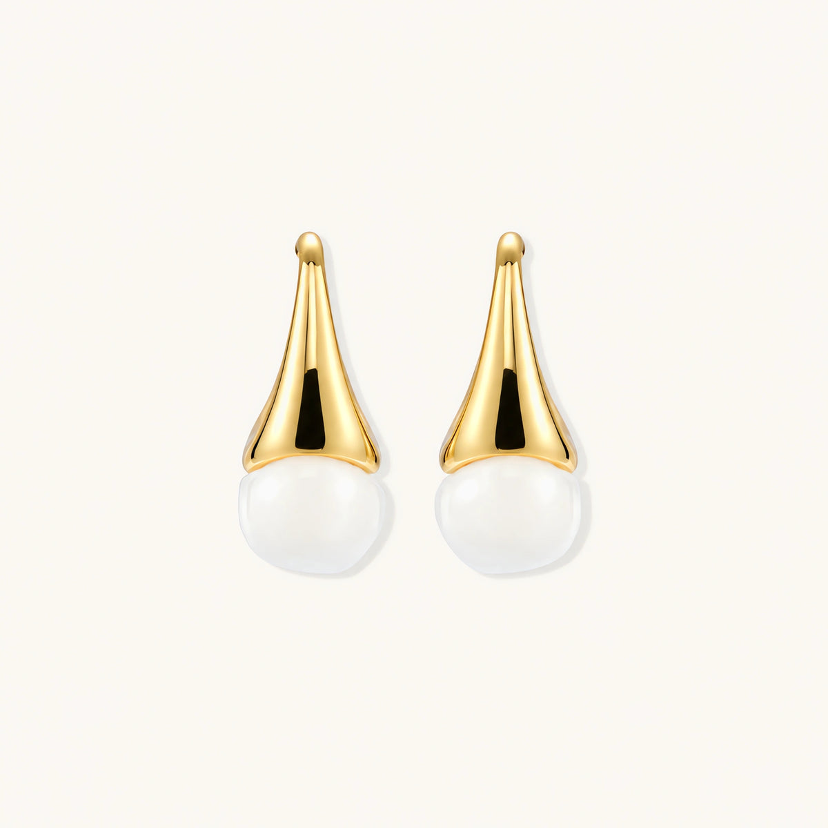 Pair of small gold-plated hoop earrings with triangular cone fronts and curved backs on white background.