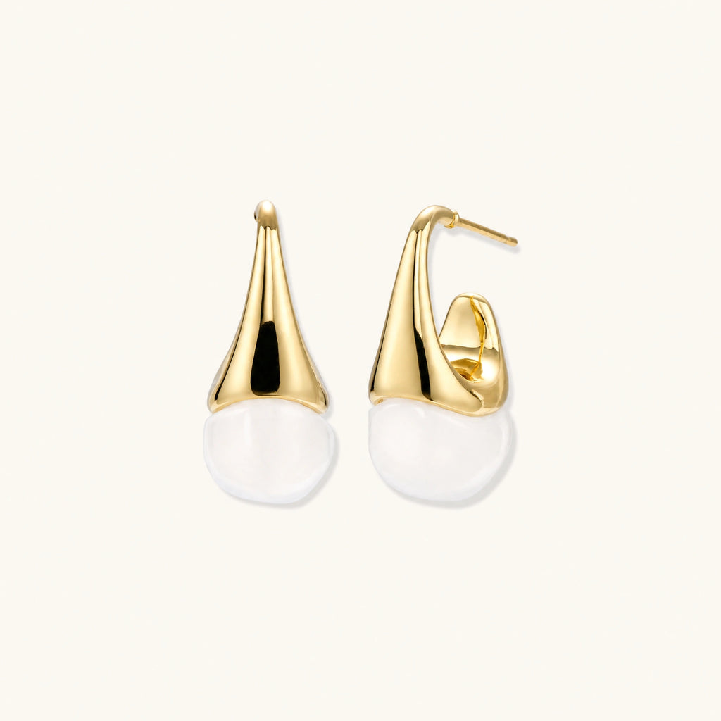 Pair of small gold-plated hoop earrings with triangular cone fronts and curved backs on white background.