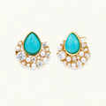 Gold-plated cluster earrings with teardrop turquoise stones surrounded by white pearls and clear crystals