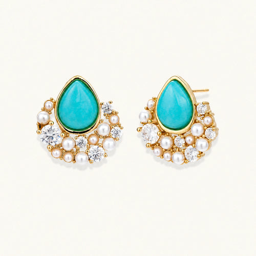 Gold-plated cluster earrings with teardrop turquoise stones surrounded by white pearls and clear crystals